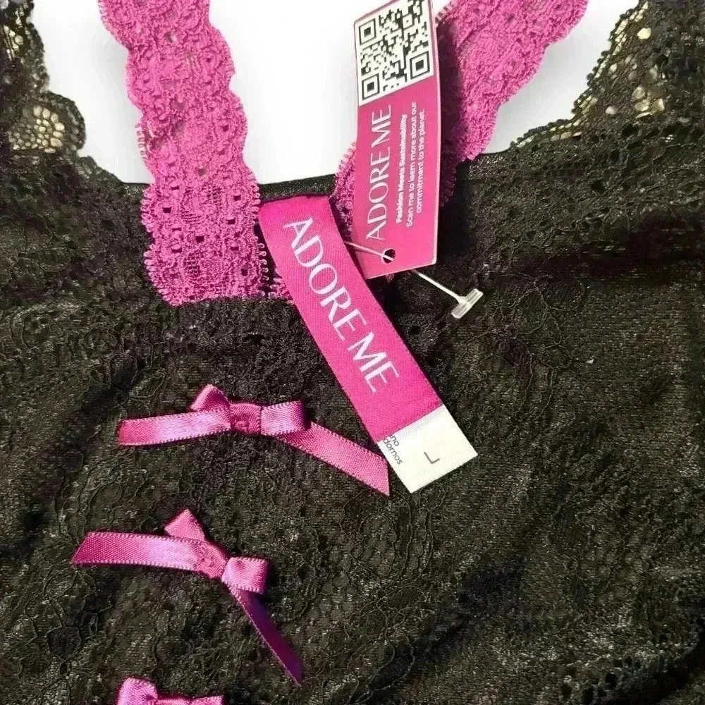 NWT Adore me Black and Purple Mesh Side Slit Babydoll Nightie with Black Panties - Picture 9 of 12